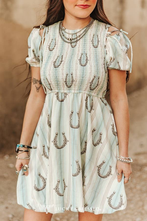 Striped Horse Shoe Smocked Shoulder Tie Gathered Hem Dress - Image 3