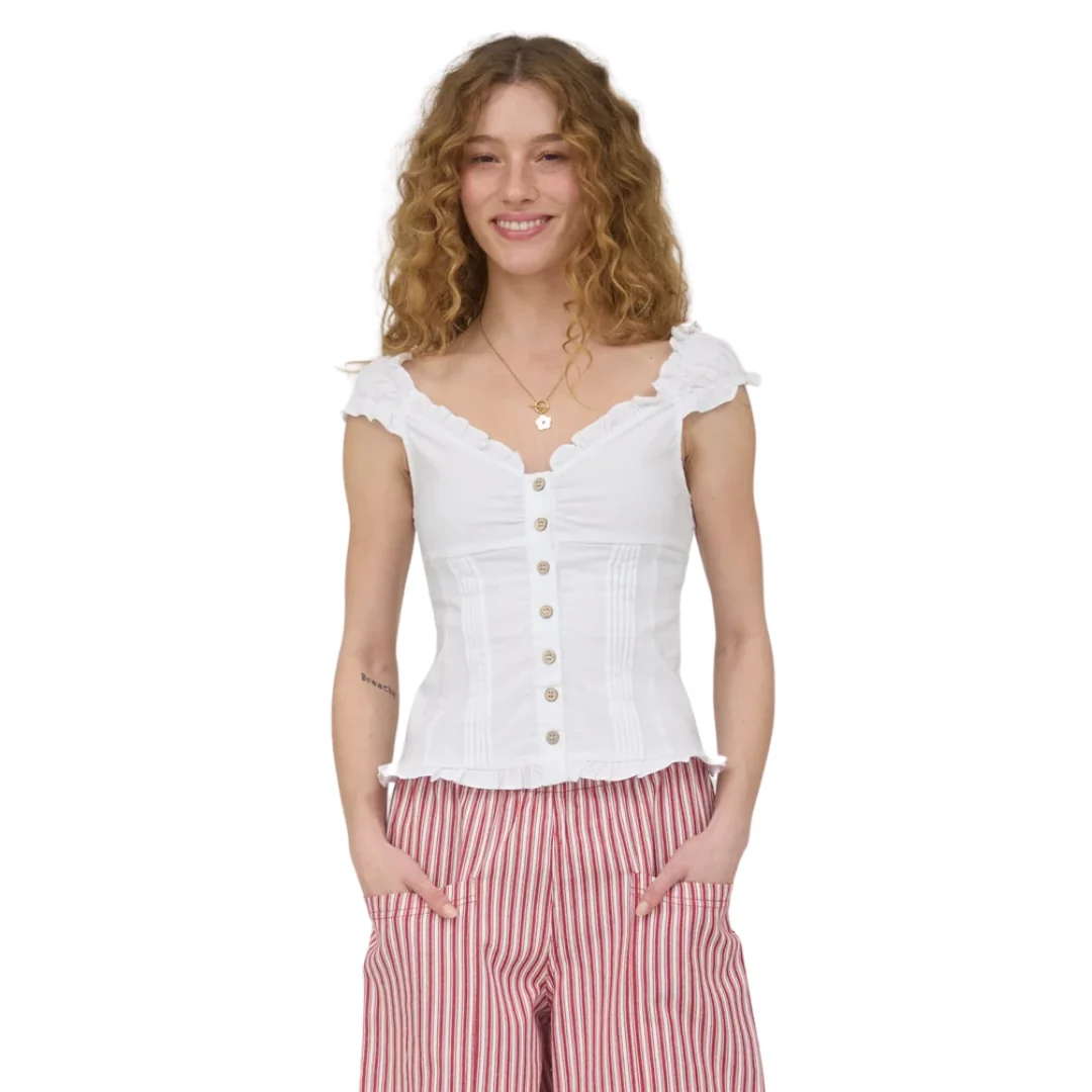 Sweetheart Neck Pintuck Detail Button Down Top in White