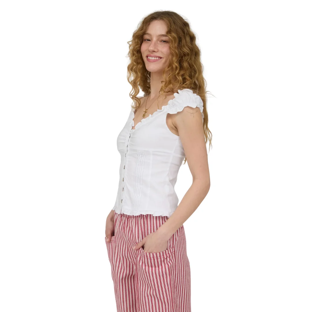 Sweetheart Neck Pintuck Detail Button Down Top in White - Image 3