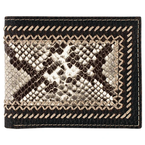 Genuine Leather Men's Large Bifold Wallet Python Print With Stitching - 2610411386
