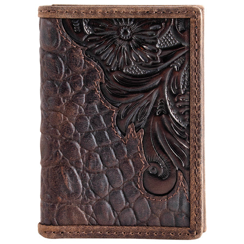 Genuine Leather Men's Trifold Wallet Scroll With Caiman Print - 2520603222