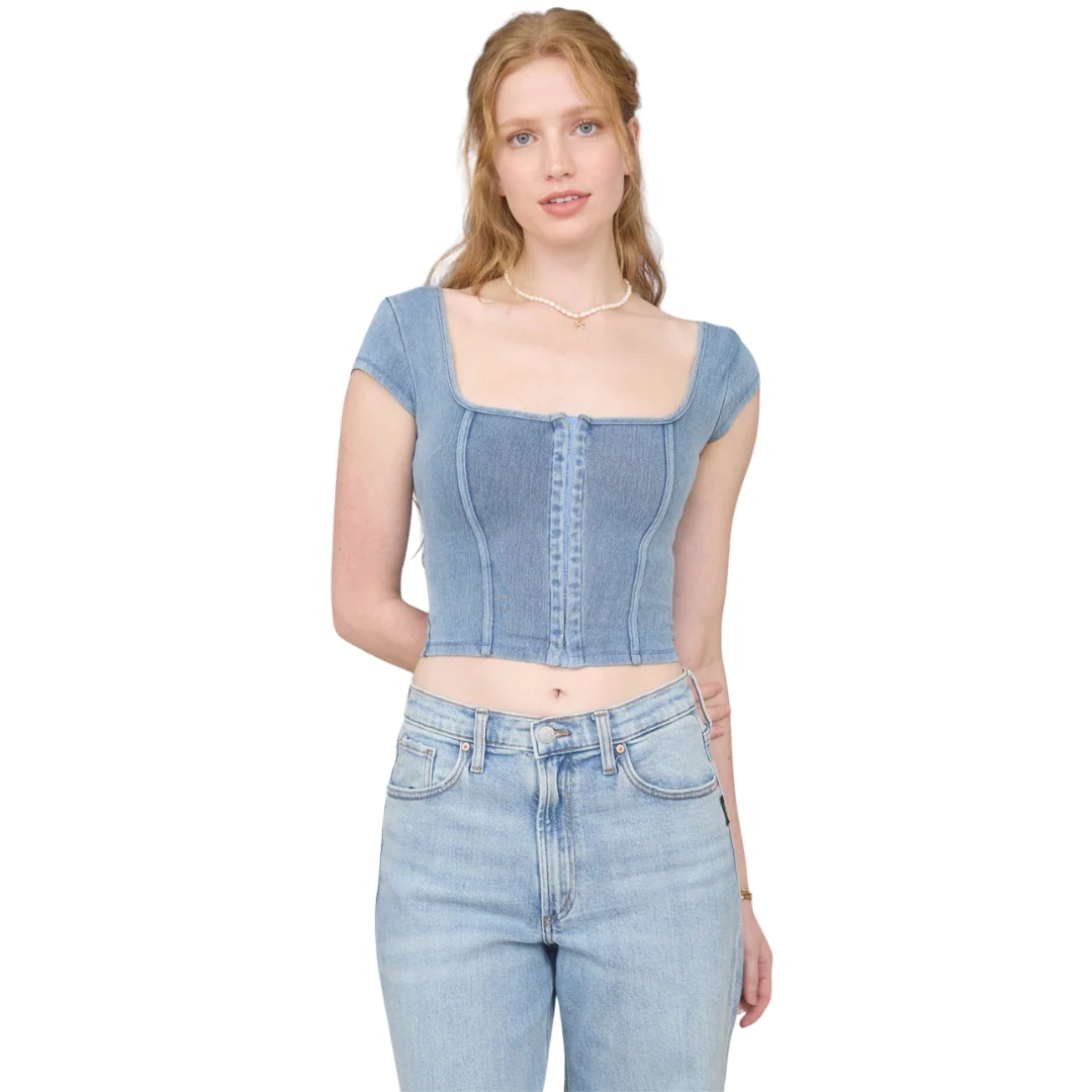 Washed Short Sleeve Front Hook Knit Crop Top in Denim