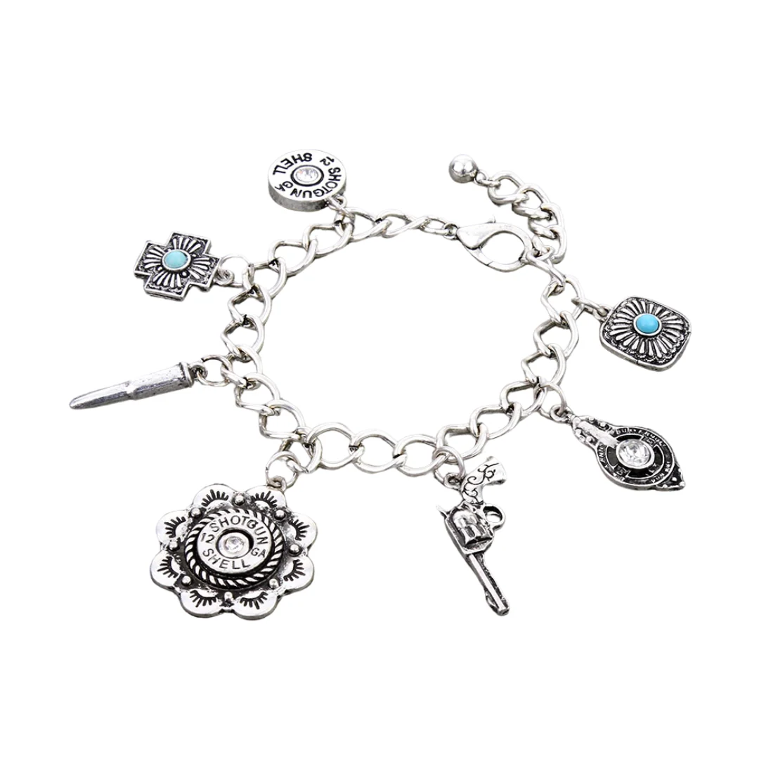 Western Shotgun Shell Multi Charm Link Bracelet WB5-22-QB9184/SB