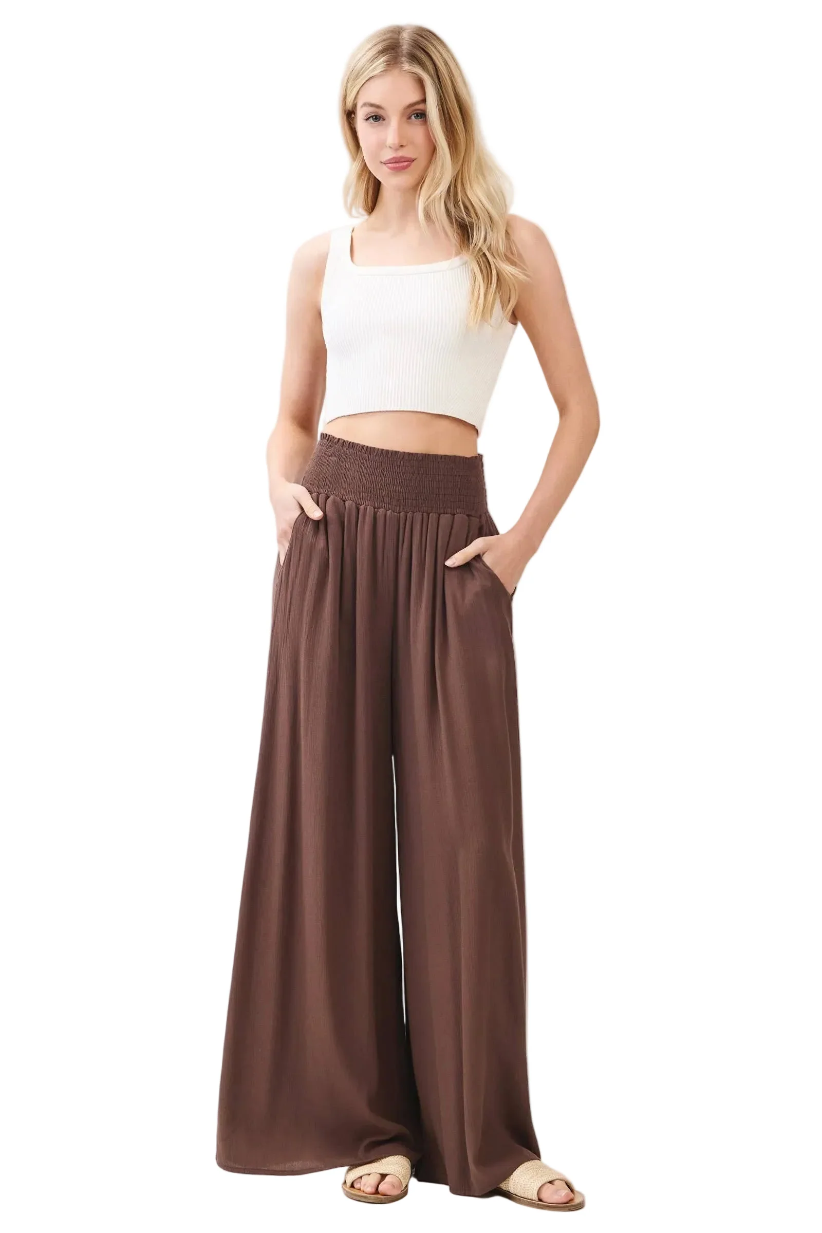 Wide Smock Waist Wide Leg Pants - VNP70263D