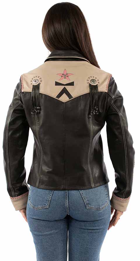 Women's Black Leather Jacket w/ Pink Floral Inlay L1172-229 - Image 2