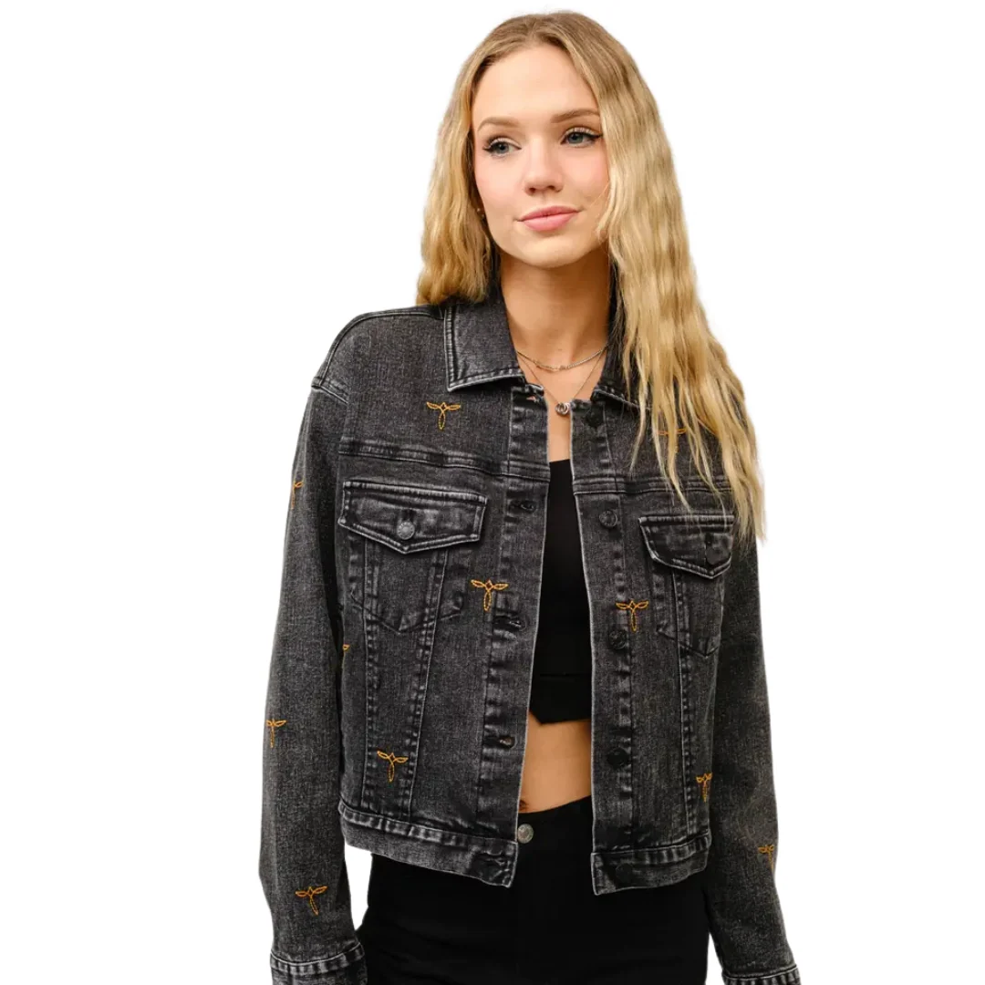 Women's Boots Stitch Black Denim Trucker Jacket - 23144J