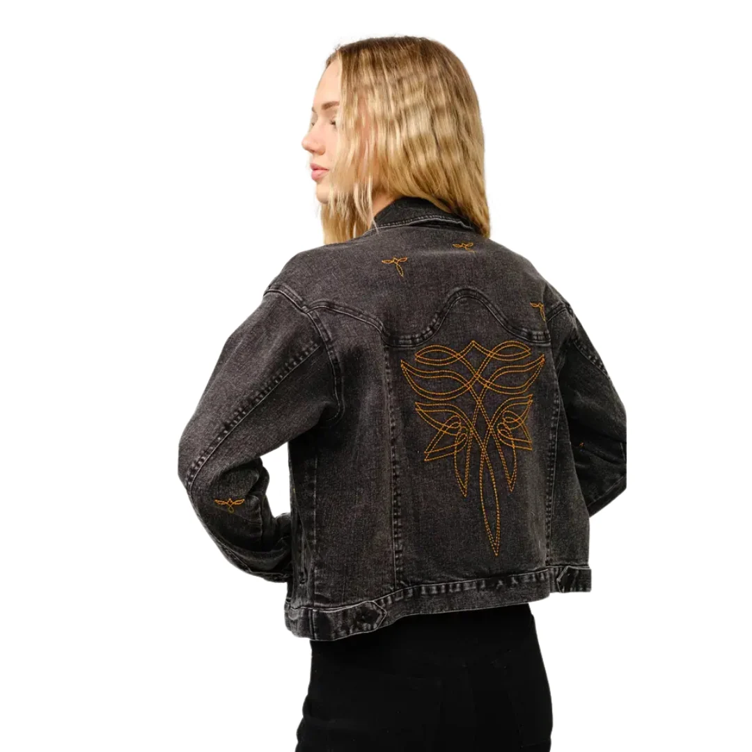 Women's Boots Stitch Black Denim Trucker Jacket - 23144J - Image 2