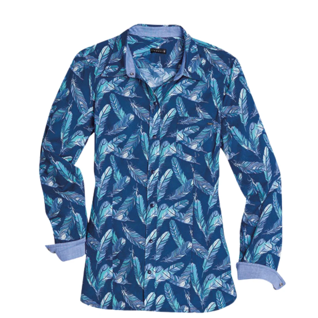 Women's LS Tin Haul Blue Feather Print Snap Up Shirt 10-050-0064-0508 BU