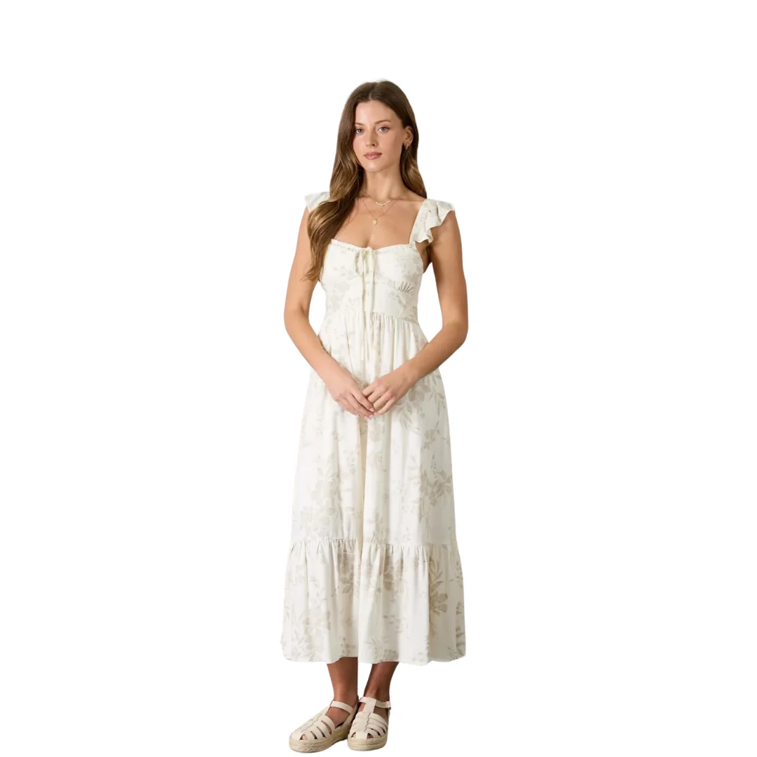 Women's Natural Floral Front Tie Ruffle Detail Corset Midi Dress