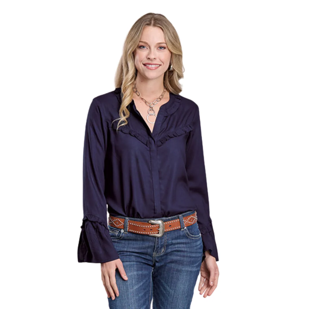 Women's Navy Solid Rayon Long Sleeve Peasant Blouse 03-050-0592-7052 BU