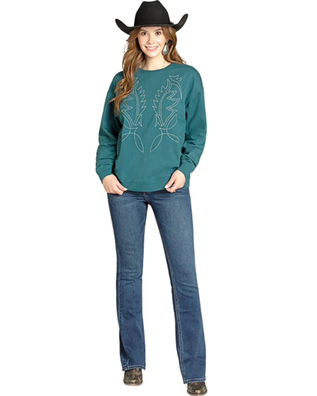Women's Teal Embroidered Sweatshirt BW91T07780