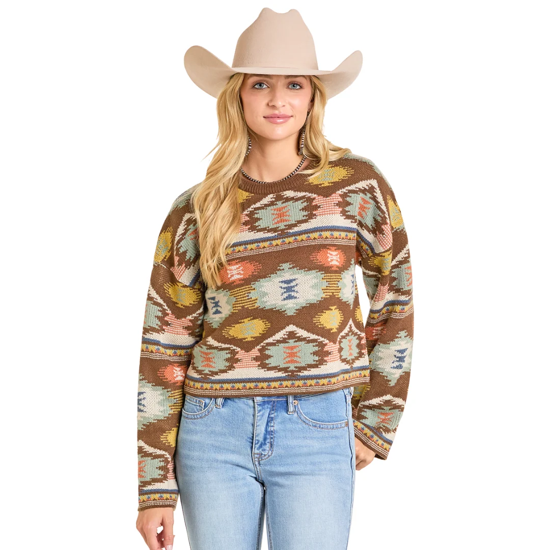 Women's Turquoise and Brown Aztec Sweater BW32T06959