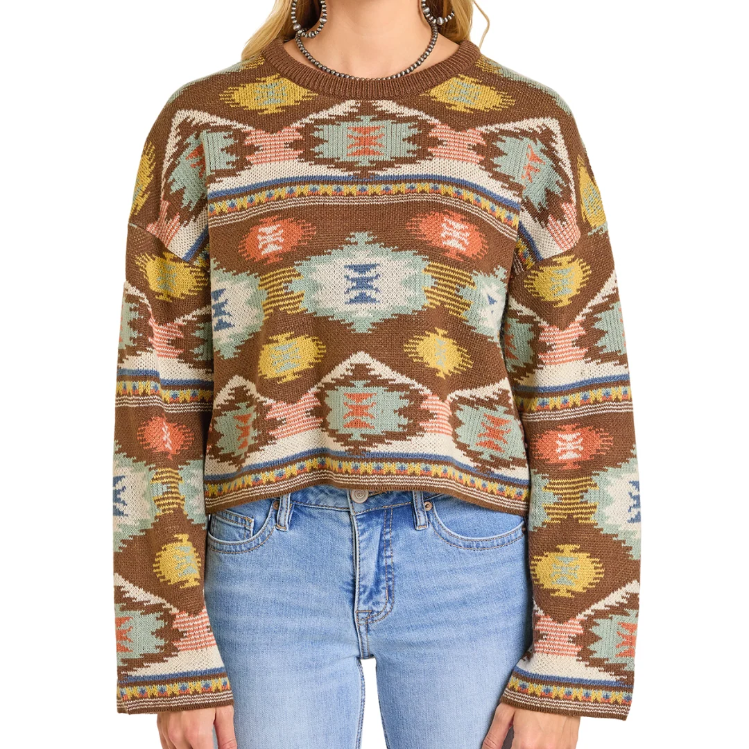 Women's Turquoise and Brown Aztec Sweater BW32T06959 - Image 3