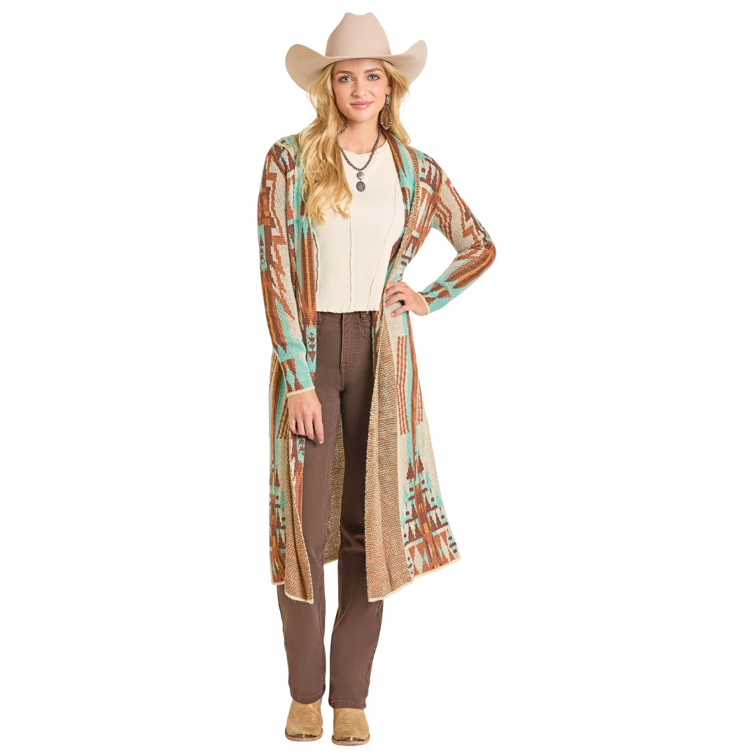 Women's Vintage Brown Aztec Knit Duster BW95T06954