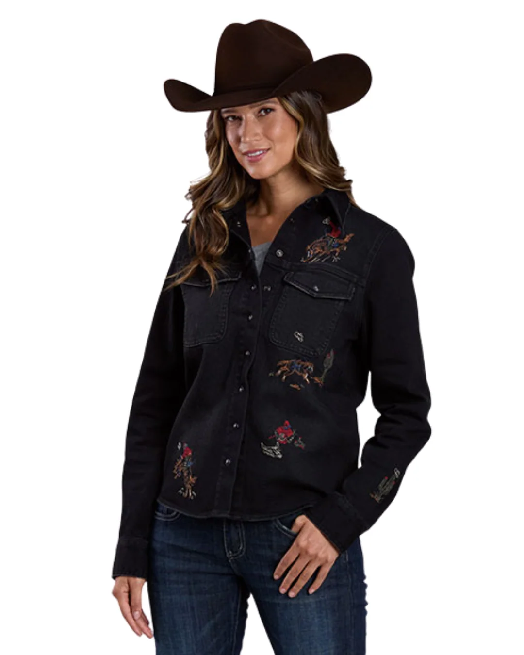 Womens's Black Denim Embroidered Long Sleeve Shirt 11-050-0202-7076 BL