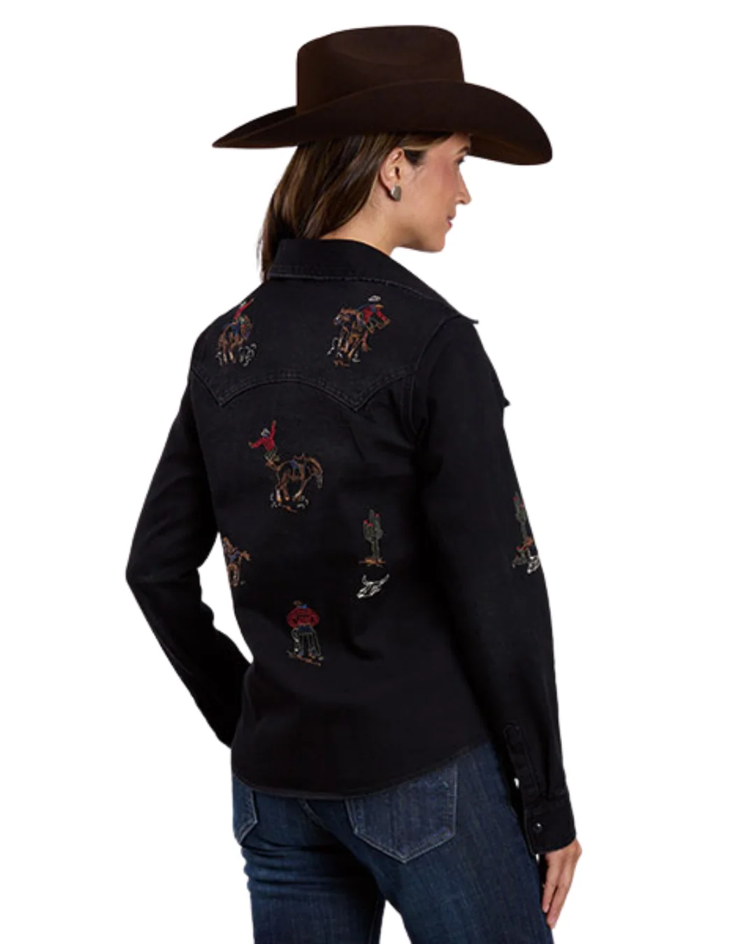 Womens's Black Denim Embroidered Long Sleeve Shirt 11-050-0202-7076 BL - Image 2