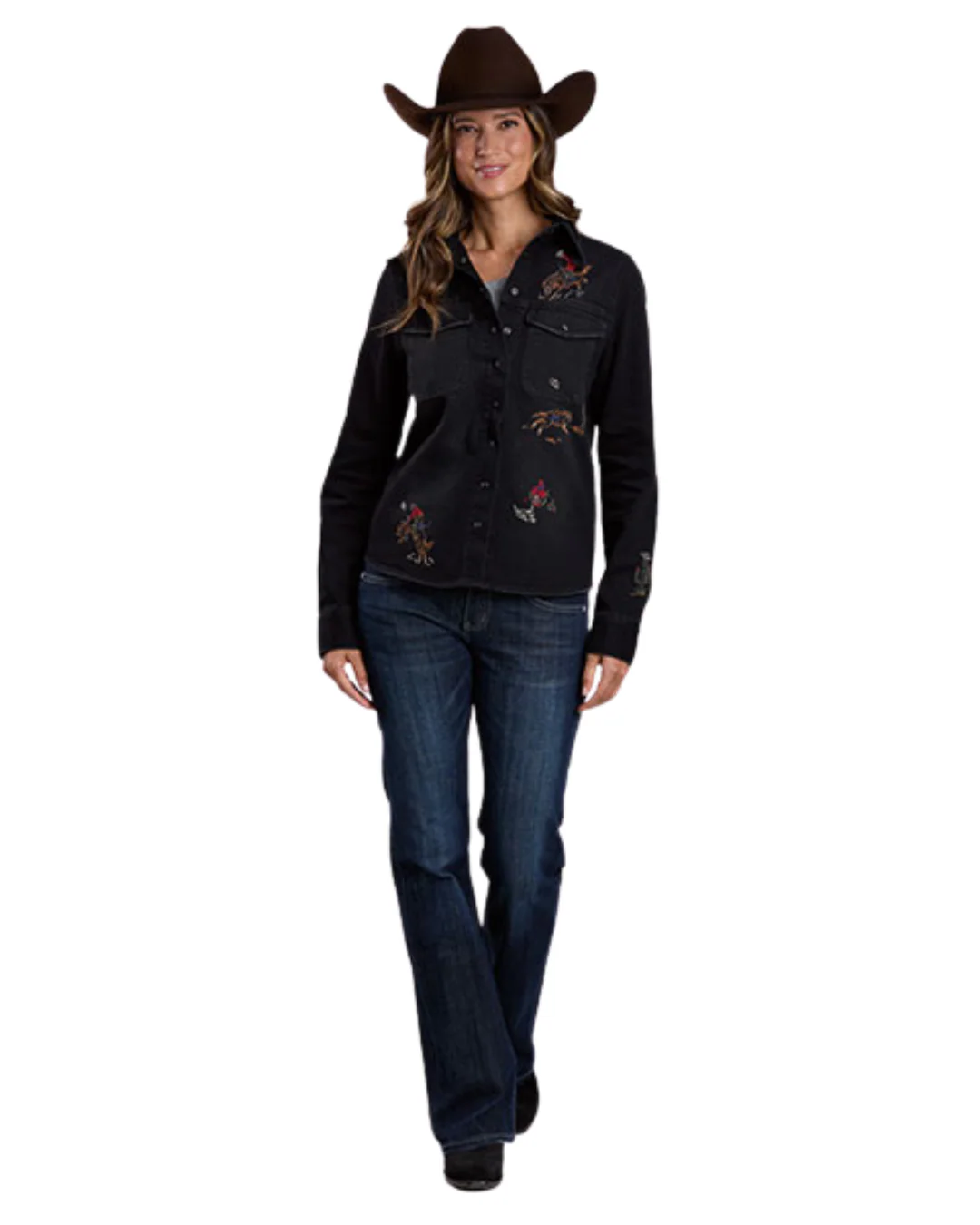 Womens's Black Denim Embroidered Long Sleeve Shirt 11-050-0202-7076 BL - Image 3