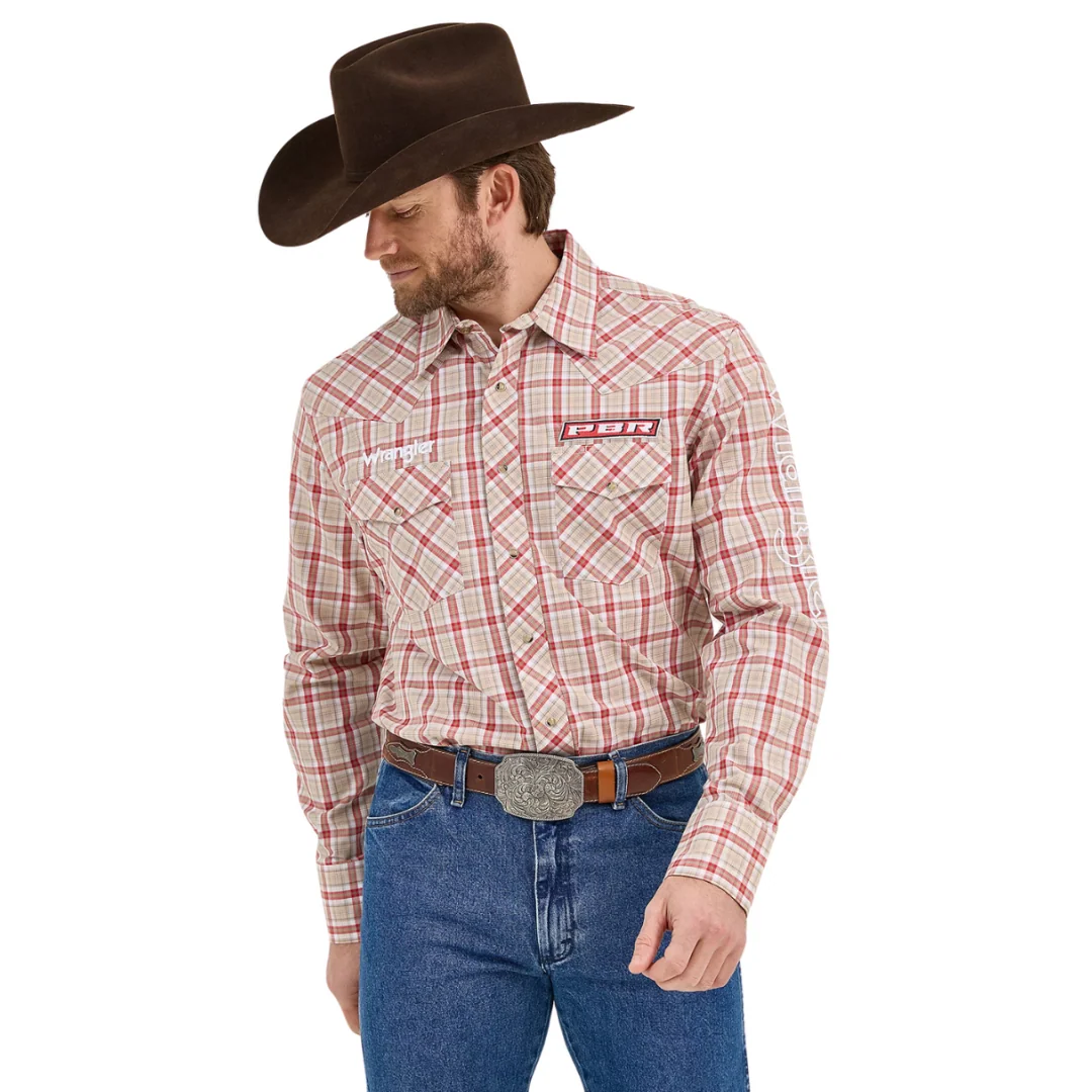Wrangler® Beige Red Lined PBR Logo Long Sleeve Snap Shirt 112365769
