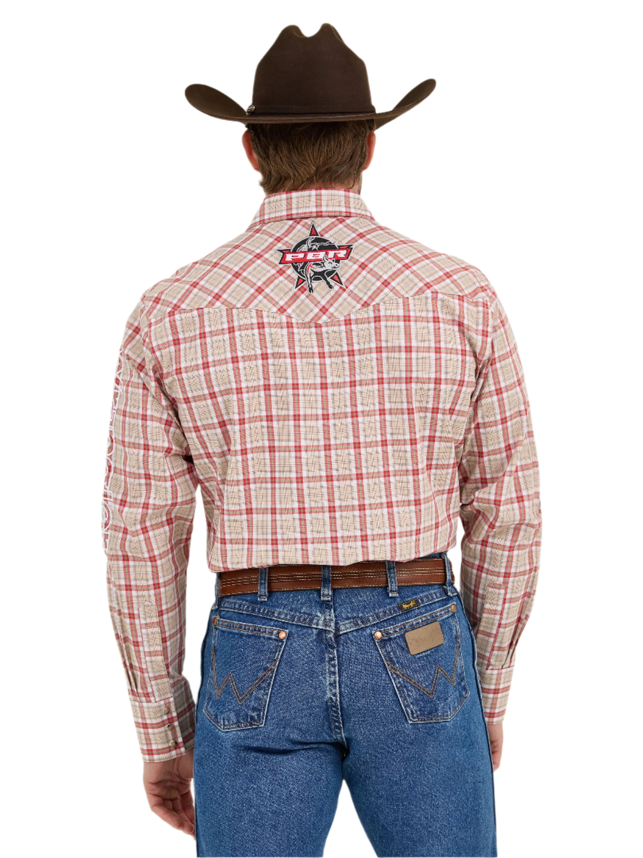 Wrangler® Beige Red Lined PBR Logo Long Sleeve Snap Shirt 112365769 - Image 2