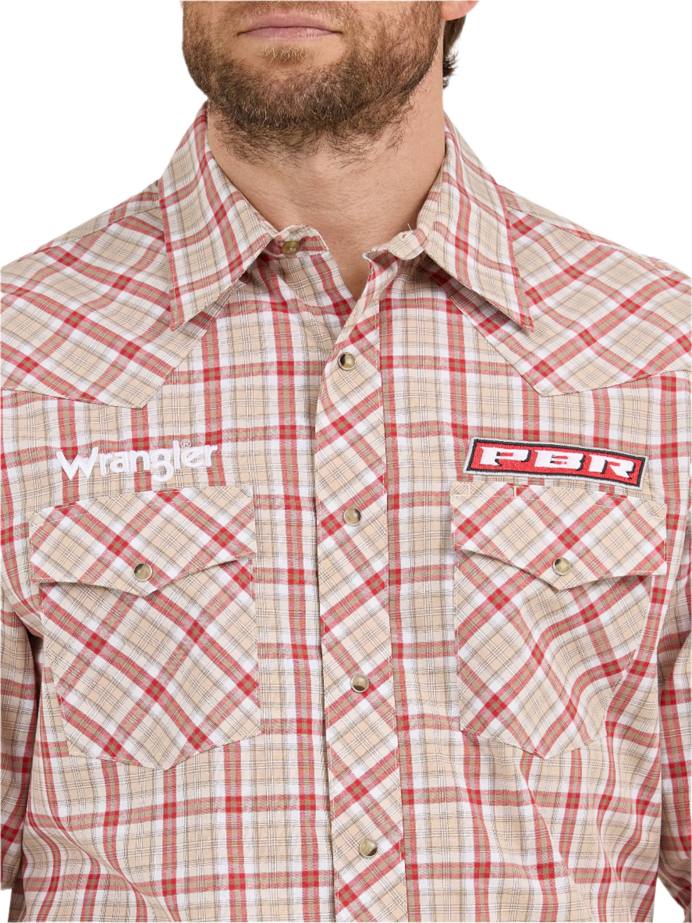 Wrangler® Beige Red Lined PBR Logo Long Sleeve Snap Shirt 112365769 - Image 5