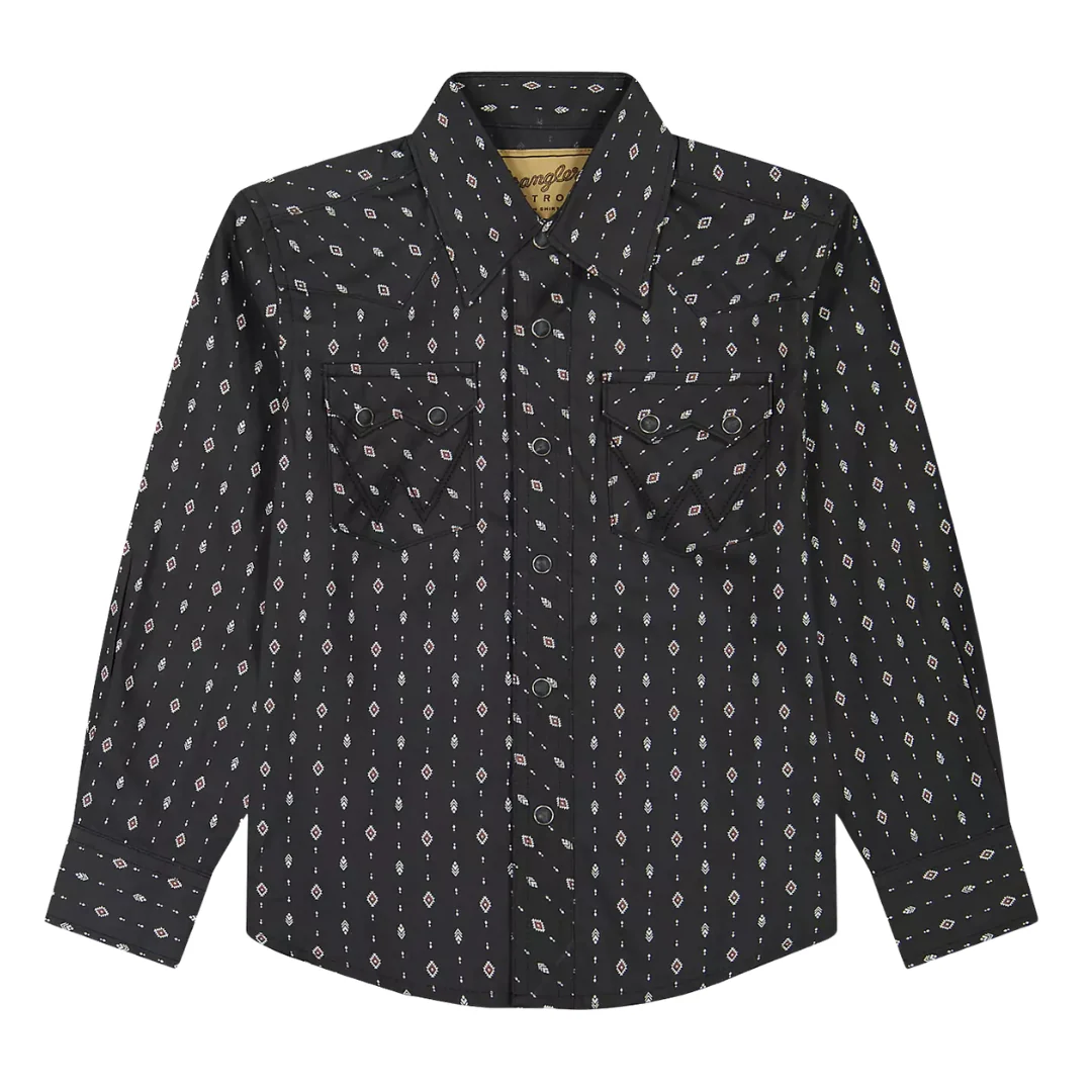 Boy's Wrangler Retro® Western Snap Plaid Shirt with Front Sawtooth Pockets In Black