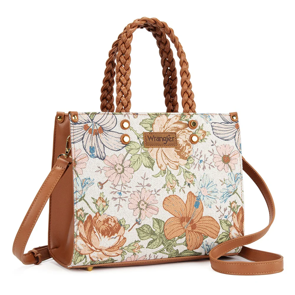 Wrangler Floral Print Braided Tote Bag in Brown