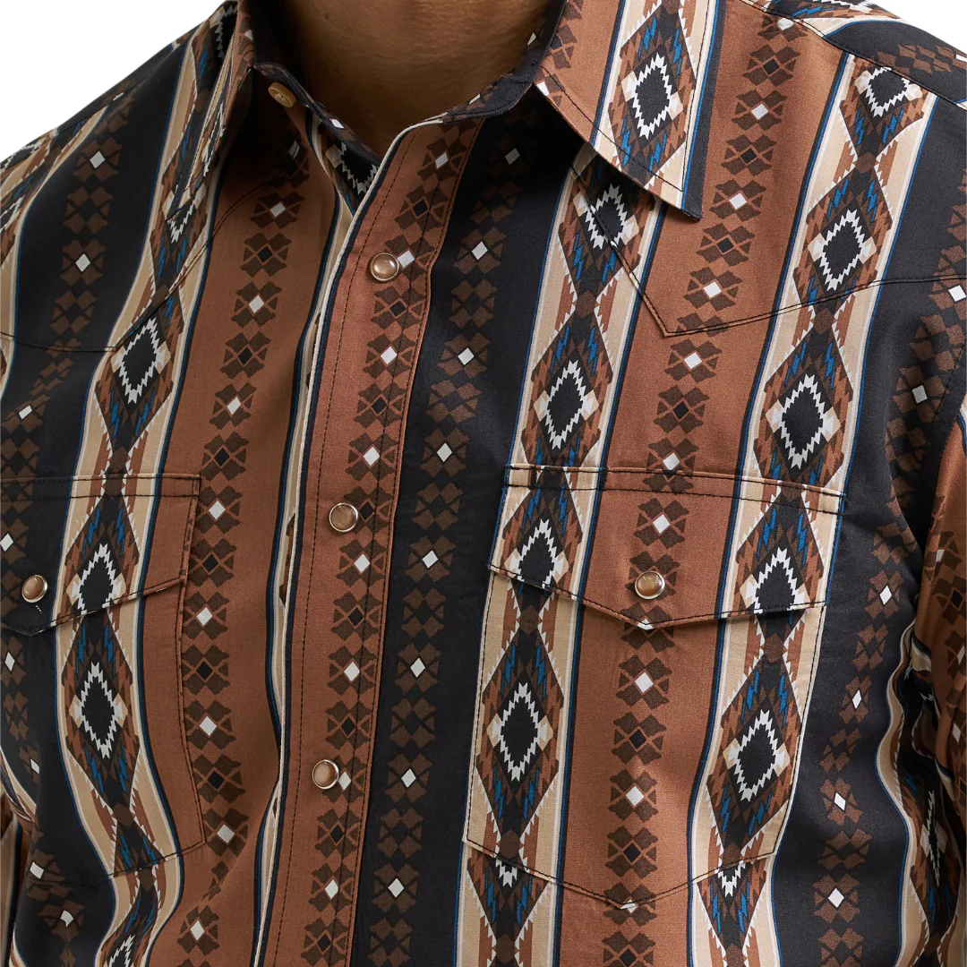 Wrangler Men's Checotah Long Sleeve Print Western Shirt in Brown - Image 3