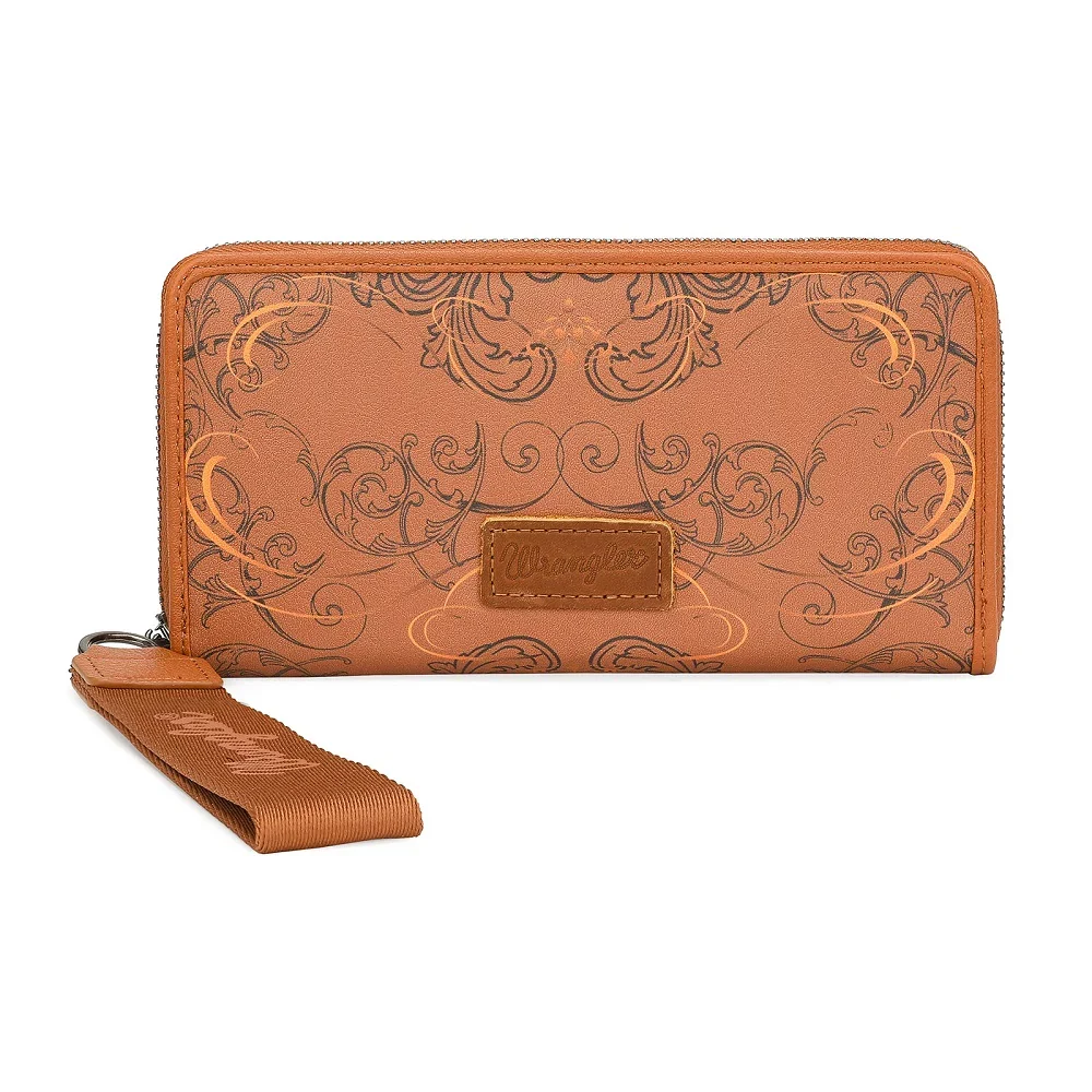 Wrangler Scroll Print Zip Around Wallet in Brown