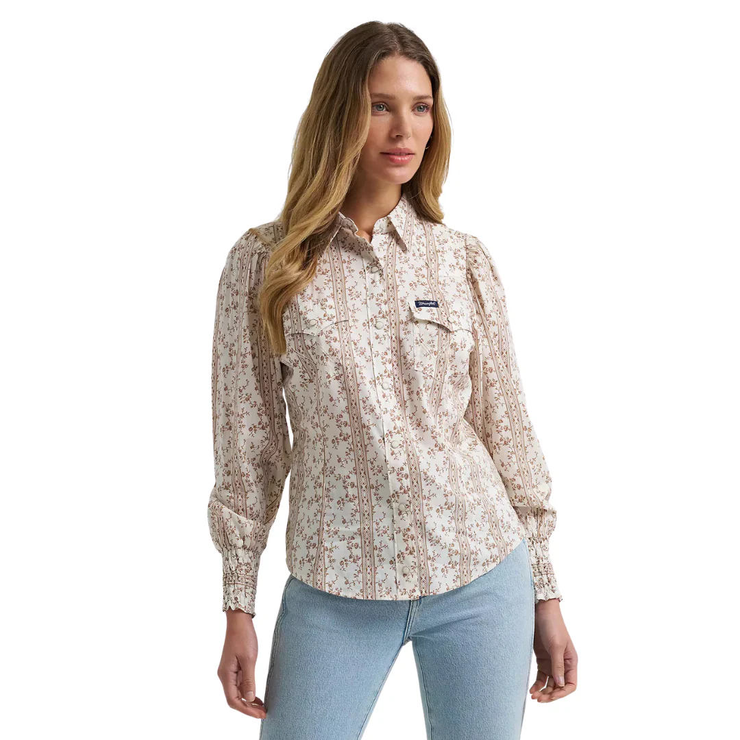 Women's Smocked Sleeve Western Snap Blouse In White