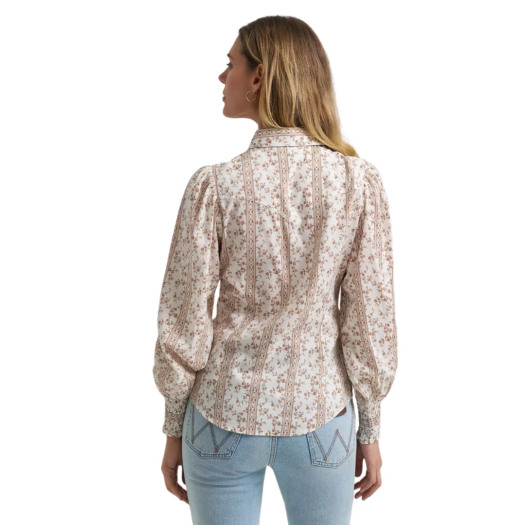 Women's Smocked Sleeve Western Snap Blouse In White - Image 2