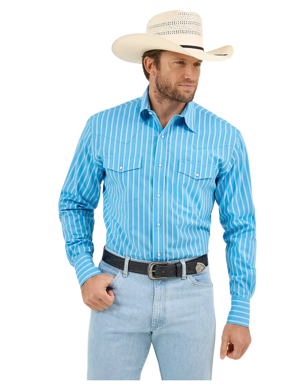 Wrangler Wrinkle Resist Long Sleeve Striped Blue Classic Fit Shirt