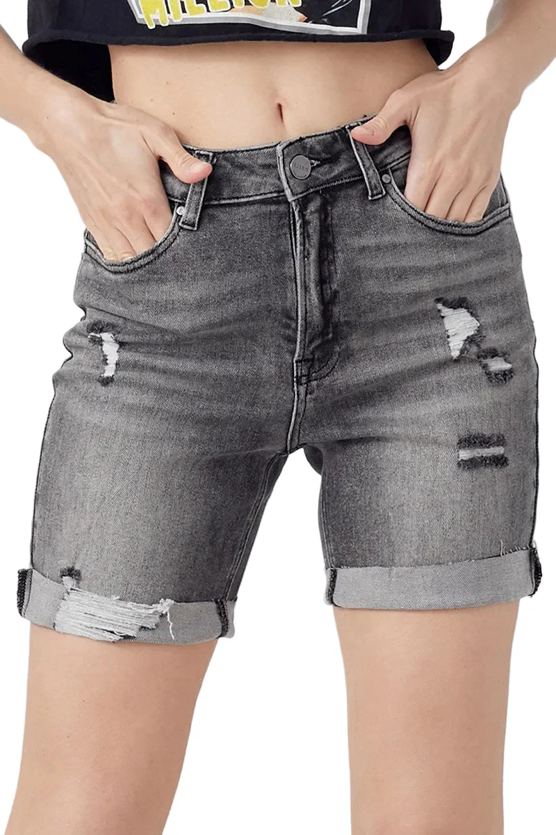 Distressed Boyfriend Shorts in Dark Grey (Plus Size) XRDP5005